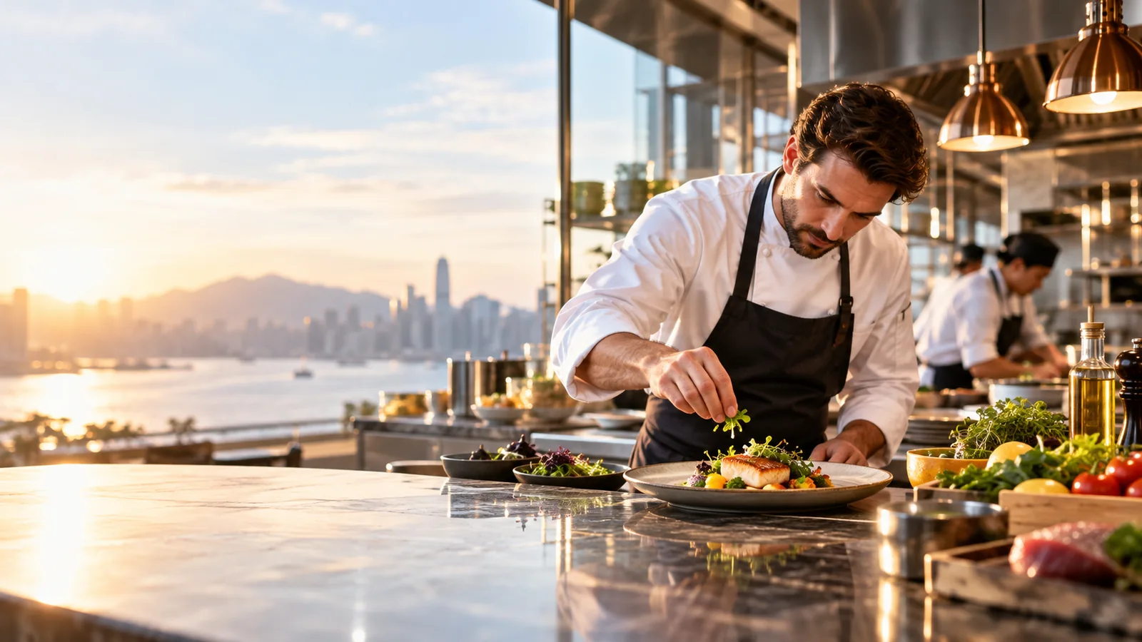 Chef preparing a professionally plated dish in a commercial kitchen