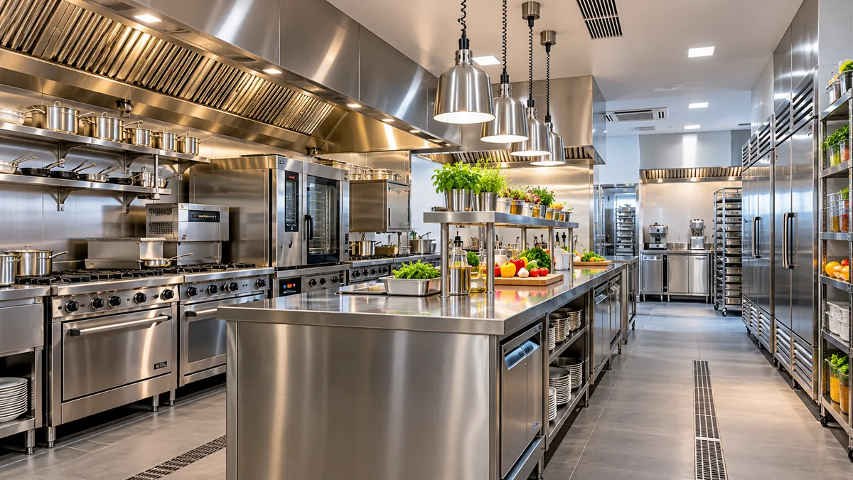 Commercial kitchen equipment and restaurant setup