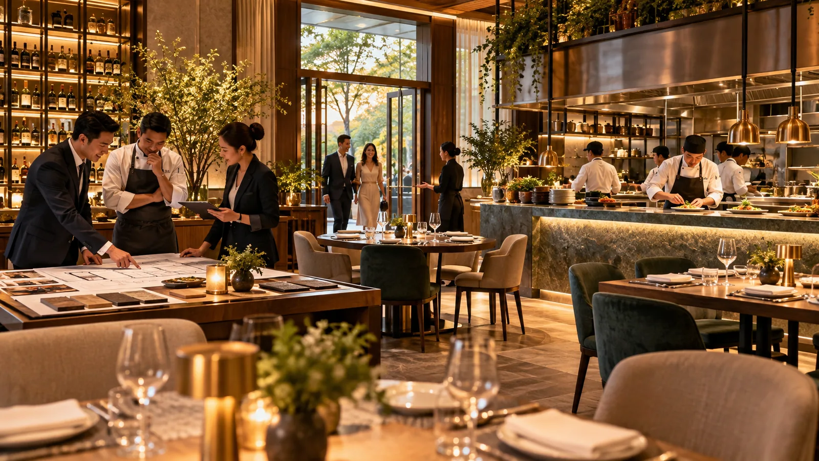 Warm modern restaurant interior with dining tables